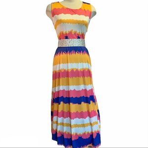 𝅺MULTICOLOURED yellow pink striped maxi dress Sz XL